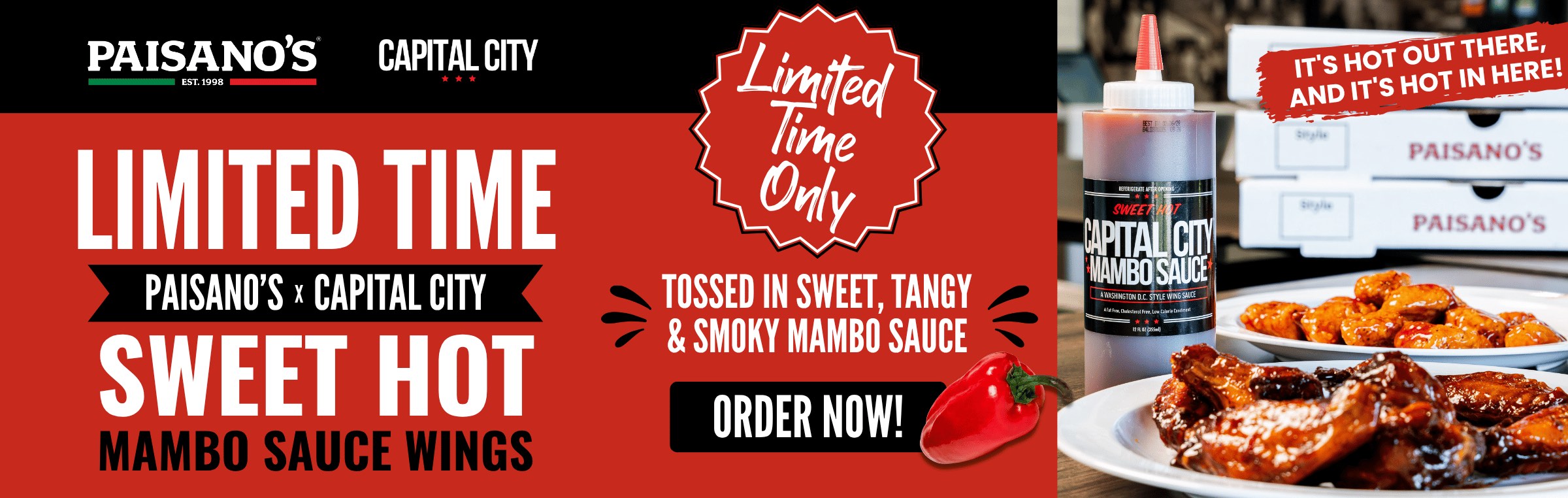 Limited time — Paisano's and Capital City sweet hot mambo sauce wings, tossed in sweet, tangy and smoky mambo sauce. Order now.